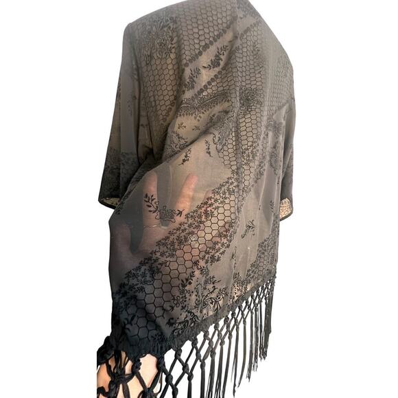 Festival Whimsigoth Cowboy Black Kimono Sheer Duster Cardigan Fringe Floral Mesh - Picture 8 of 16